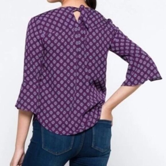 41 Hawthorn Purple Floral Print Pleat Design V-neck Tie Back 3/4 Sleeve Top XL - Picture 5 of 11